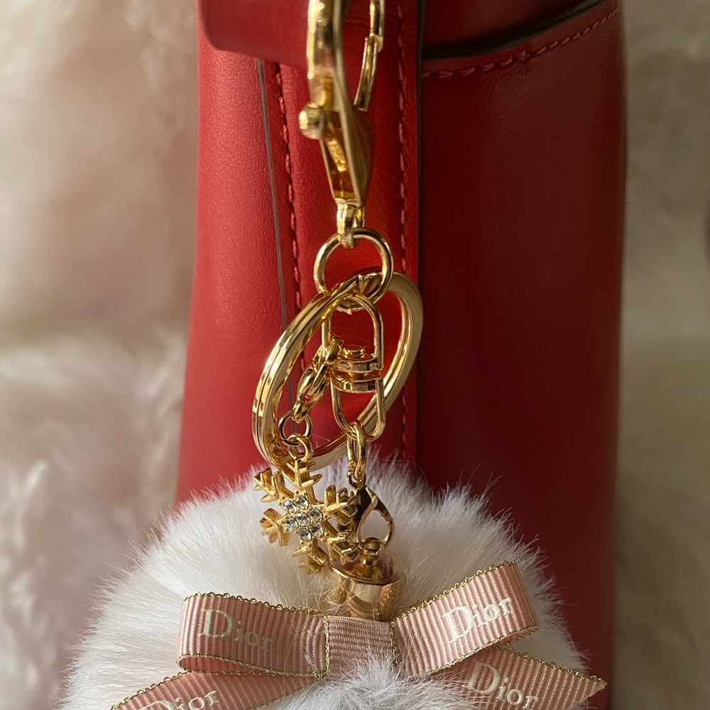 Pink and White Bow Fur Pom Pom Bag Charm - Picture 3 of 3